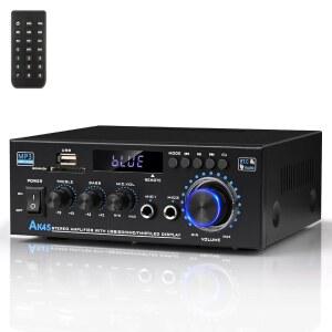 AK45 스테레오 오디오 앰프 2026 업그레이드된 블루투스 5.0 수신기, FM 라디오, USB, SD 카드 및 리모컨이 포함된 400W 2채널 무선 전력 증폭기 시스템
