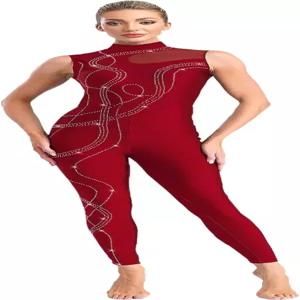 FEESHOW 여성 체조 유니타드 원피스 민소매 댄스 바디수트 스케이팅 점프수트 발레 레오타드