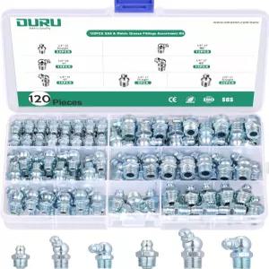 OURU 그리스 피팅 모음 120PCS SAE Zerk NPT 1/4 1/8인치 건용 90도 니플 45개 스트레이트