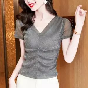  라인댄스복 펄 브이넥 셔링 티셔츠 클리터 상의 라틴 탱고 왈츠 자이브 밸리 여성 댄스복