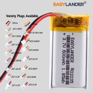 JST2.0mm 3Pin JST1.0 2P 802035 3.7V 600mAh 충전식 리튬 Lipo 이온 폴리머 배터리