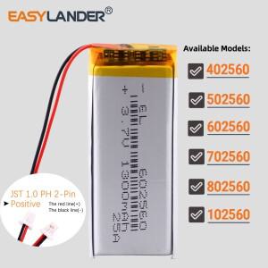 JST1.0mm 2핀 102560 3.7V 2000mAh 충전식 리튬 이온 폴리머 배터리