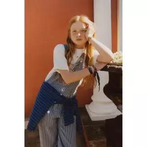 ZARA 스트라이프 롱 데님 오버롤 - 크림 / 블루