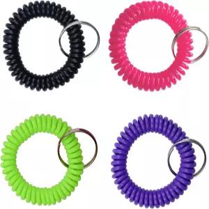 스틸 키 링이 있는 4팩 2인치 나선형 손목 코일 - 멀티 컬러 유연한 체인 팔찌 최대 12인치까지 늘어납니다