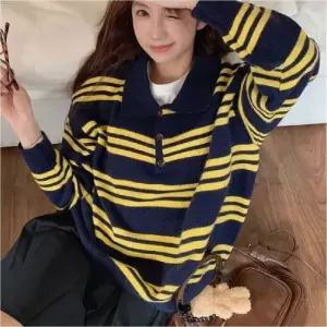 여성 스트라이프 니트 카라티 캐주얼 단가라 배색 티셔츠