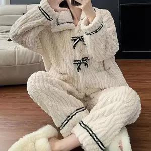 [하프클럽/]여성 겨울 리본 카라 포근 수면 파자마 잠옷 세트