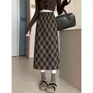치마 여성용 롱 모직 빈티지 가을 출근룩 정장 체크 트임 보들보들 스포M3
