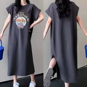 옆트임 롱 원피스 편안한 라운드넥 티셔츠 원피스