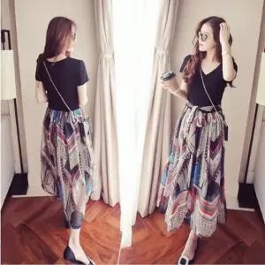 투피스같은 일체형 원피스 쉬폰 롱치마 티셔츠