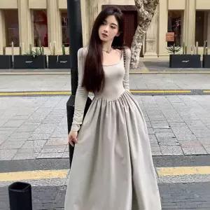 원피스 니트 치마 롱 스퀘어넥 프렌치 배색 잡아주어 A라인 긴팔 기품이 고급스럽게 여성원피스 OOTD1