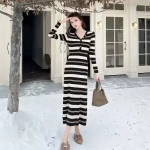니트 원피스 여사친 봄 러블리 프렌치 스트라이프 브이넥 긴팔 슬림핏 A라인 롱스커트 SPO마켓1