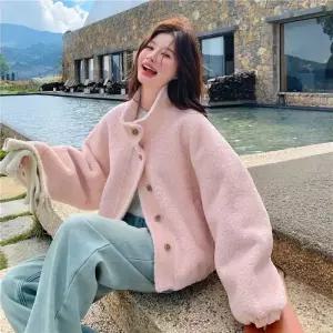 여사친 하이넥 일체형 램스울 퍼 컨트롤 모피코트 코트 PINK 원픽1