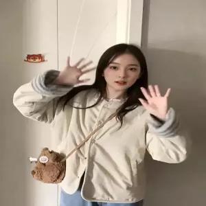 여친 빈티지 캐주얼 램스울 양면 코트 스트라이프 싱글 라운드 보온 모피코트 원픽1