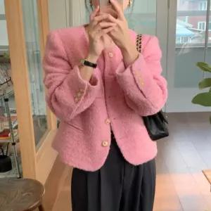 핑크 학부모 재킷 출근룩 트위드자켓 오피스룩 직장인 오피스 모임 포켓 핑꾸핑끄 노카라 하객