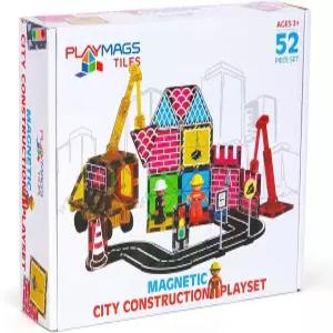 플레이매그스 시티 건설 마그네틱 타일 세트 크레인 및 도로 조각이 있는 빌딩 블록 3세 이상 남녀 를 위한