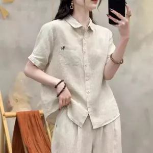 여름 싱글 롱루즈핏 샌드 칼라 마 워싱 솔리드 반팔 린넨 셔츠 상의 카디건 여자셔츠 원템2