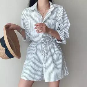 여친 빈티지 봄여름 멀티포켓 스트라이프 스트링 끈 터틀넥 점프슈트 긴팔 반바지 원픽2