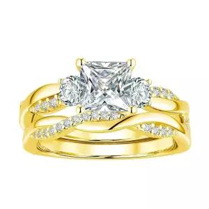여성용 럭셔리 결혼 반지 세트 1.5CT 스퀘어 AAAAA CZ 옐로우 골드 도금 3석 약혼 반지, 메탈, 큐빅 지르코