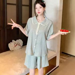 여름 빈티지 MN 커플 체크 인형 반팔 잠옷 잠옷세트 반바지 전원풍 세트 넥 OOTD2