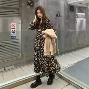 여자 스커트 원피스 롱 검정 가을 이너 프렌치 햅번 플라워 CH3