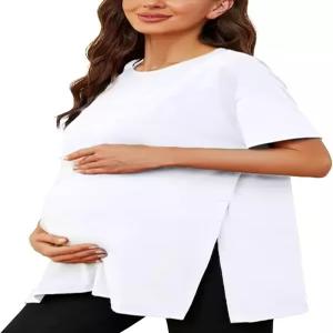 리우앤쿠 여성 임산부 셔츠 반팔 스플릿 사이드 캐주얼 임신복 크루넥 루즈 상의