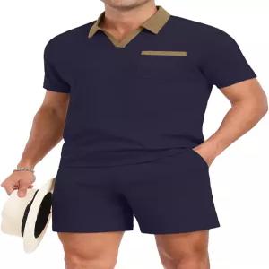 프린스토리 남성 여름 운동복 와플 니트 폴로 셔츠와 반바지 세트 포켓이 있는 캐주얼 2피스 의상