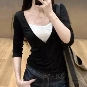 비욘드라이프 레이스 레이어드 랩 브이넥 티셔츠 슬림핏 7부 1008409