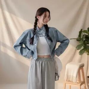 여성 봄 연청 하이넥 버튼 크롭 면자켓 피크닉룩