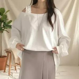 [하프클럽/옷자락]여성 빅사이즈 원숄더 프릴끈 맨투맨 무지 아방핏