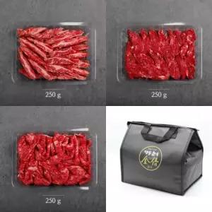 명품한우금오 냉장 암소) 한우1등급 모둠세트 갈비살250g 제비추리250g 불고기250g)