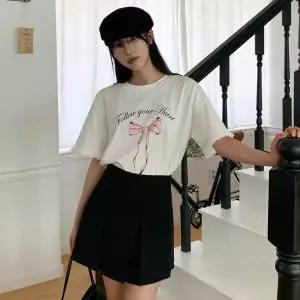 여성 리본 진주 포인트 레이스 반소매 나염 티셔츠