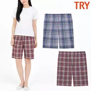 [트라이]트라이 여름잠옷바지 여성파자마 5부 반바지 체크 써커 선염 홈웨어 하의