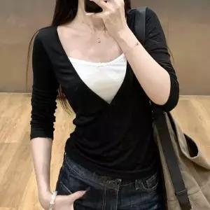 레이스 레이어드 랩 브이넥 티셔츠 슬림핏 7부 HPC-1008409