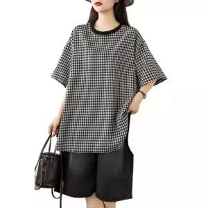 여름 상의 빅사이즈 체크 셔츠 슬림핏 면마 여자셔츠 린넨 티 H16Z2F1 원템2