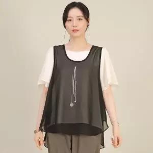 [하프클럽/] 엄마옷 보석 쉬폰 시스루 언발란스 트임 여성 라운드 여름 조끼