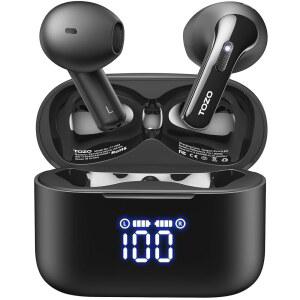 TOZO T21 무선 이어버드 블루투스 5.3 이어 헤드폰 듀얼 마이크 통화 노이즈 캔슬링 IPX8 방수 44H 재생 스테레오 사운드, LED 디스플레이 충전 케이스 32 EQ, APP 블랙 제공