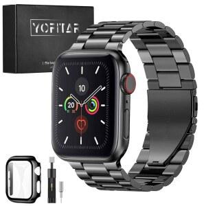 Apple Watch용 YOFITAR 시계 밴드, 보호 케이스, 스테인리스 스틸, 교체용 호환 가능한 시리즈: Ultra3 / Ultra 2 11 10 9 8 7 SE3 6 SE 5 4 3 1, (44mm) 길이 조절기, 블랙