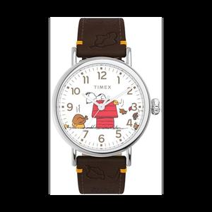 Timex Unisex Peanuts Waterbury sstandard 40mm Watch   Brown sstrap White Dial Silver Tone Case