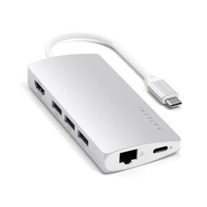 사테치 8인치 USB C 허브 멀티포트 어댑터 V2 4K HDMI 115W USB C PD 충전 USB-A 3개 이더넷 마이크로/SD 카드 리더 노트북 맥북 에어 /프로 M5 /M4 윈도우 - 실버