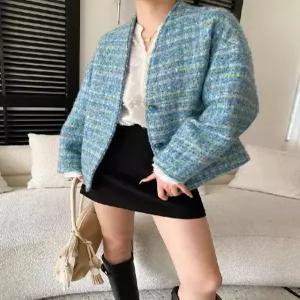 미니코코네 여성용 하프 트위드 프렌치 랩 브이넥 코트 DOS1