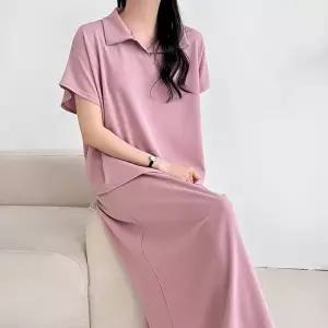 [옷자락]여자 투피스 카라넥 무지 반팔티 플레어 롱스커트 세트