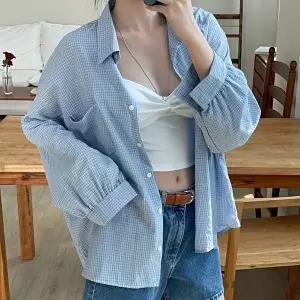 [옷자락]여자 가오리핏 아방핏 잔체크 포켓 퍼프 힙커버 셔츠