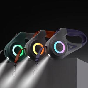 Led 손전등과 5M 자동 개폐식 개 가죽 끈 애완견 내구성 나일론 리드 조정 가능 워킹 러닝 로프