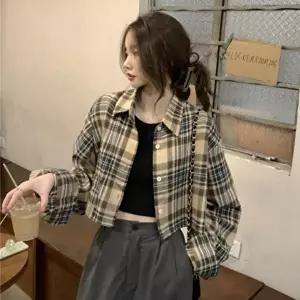 [옷자락]여자 봄가을 데일리 루즈핏 체크 크롭 긴팔 셔츠