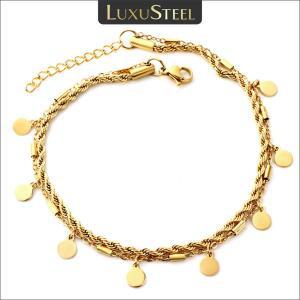 LUXU 더블 레이어 코인 디스크 펜던트 발찌, 골든 컬러, 스테인레스 스틸, 항  로프 체인, 다리 발 팔찌 쥬