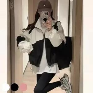 친절한탄씨 여성용 크롭 배색 양털 안감 윈드브레이커 점퍼 프릴 디테일 자켓 겨울 아우터