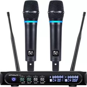 Kithouse S9 UHF 충전식 무선 마이크 시스템 노래방 듀얼 블루투스 리시버 박스 포함 노래 음성 회의
