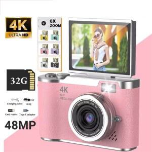 즉석 사진기 Xiaomi 4k CCD 8X 디지털 학생 카메라 48MP 휴대용 사진 180 플립 스크린 셀카