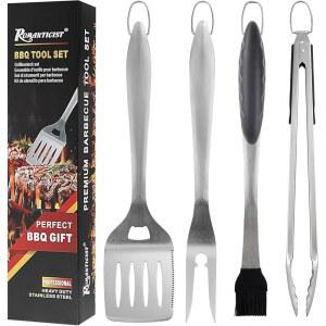 로맨틱리스트 4pcs 탑 셰프용 헤비 듀티 그릴 액세서리 - 전문 도구 세트 및 뒷마당 레스토랑 야외 주방용 베이직 바비큐 아빠를 위한 디럭스 선물 u2019 크리스마스
