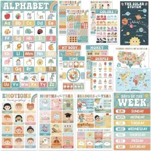BEAWART 16 Boho Groovy 교육 포스터 - 알파벳 ABC 세계 지도 교실 장식용 적층 학습 차트 홈스쿨 및 벽